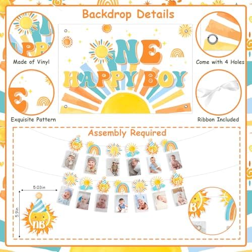 Cheereveal Boho Sun 1st Birthday Decorations Blue and Orange, One Happy Boy Backdrop Banner, Sunshine Photo Banner Cake Topper, Sun Rainbow Themed First Birthday Baby Shower Party Supplies for Boy - Image 5