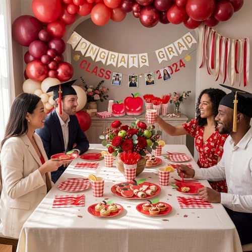 400 Pcs Back to School Party Supplies Serve 50, Apple Paper Plates Napkins Cups Apple Decoration Red Gingham Tableware Set for Last/First Day of School Party Supplies - Image 5