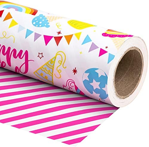 WRAPAHOLIC 30 Inch Jumbo Reversible Birthday Wrapping Paper - 30 Inch X 100 Feet Jumbo Roll - Birthday Party Design, Perfect for Celebration, Baby Shower and More Occasions by WRAPAHOLIC