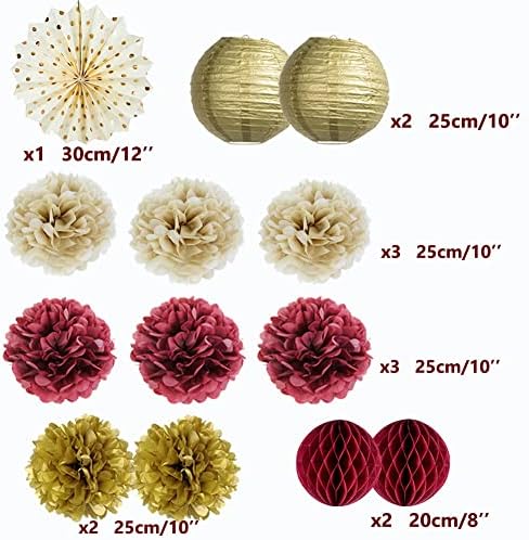 Burgundy and Gold Party Decorations Maroon Gold Burgundy Paper Pom Poms Lanterns Glitter Dots Hanging Garland for Birthday Bridal Shower Bachelorette Graduation Party Decor (Pack of 2) - Image 7