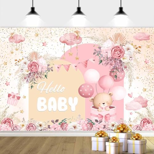 15X10ft Pink Baby Shower Backdrop Cute Pink Boho Floral Baby Shower Backdrop, Girl's Birthday Party Background Decor Cartoon Birthday Party Background Photo Booth Props - Image 7