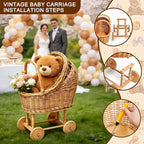 Vintage Wicker Baby Carriage Decor，Woven Rattan Stroller Flower Basket Cart for Wedding Centerpieces, Baby Shower Party Supplies & Nursery Floral Arrangement Props Floral Rustic Home Decor - Image 6