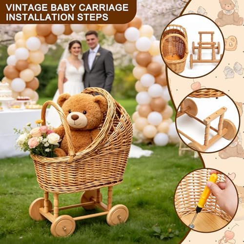 Vintage Wicker Baby Carriage Decor，Woven Rattan Stroller Flower Basket Cart for Wedding Centerpieces, Baby Shower Party Supplies & Nursery Floral Arrangement Props Floral Rustic Home Decor - Image 6