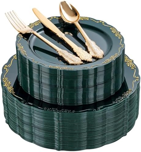 DaYammi 150Pcs Green Plastic Plates with Gold Silverware Set for Party by DaYammiwillaccompanyyou