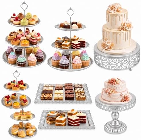 8 Pcs Cake Stands Set Metal Dessert Table Display Tiered Cupcake Holder Candy Donut Fruit Plate Cake Serving Tray Candlestick Display Treats Serving Tower for Wedding Birthday Party Decor (Silver) by Patelai
