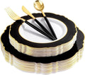 WDF 30Guest Black and Gold Plastic Plates - Gold Plastic Silverware With Black Handle Baroque Black and Gold Disposable Dinnerware for Wedding/Party/Birthday/Halloween by WDF