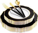 WDF 30Guest Black and Gold Plastic Plates - Gold Plastic Silverware With Black Handle Baroque Black and Gold Disposable Dinnerware for Wedding/Party/Birthday/Halloween by WDF
