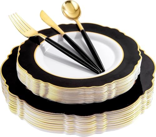 WDF 30Guest Black and Gold Plastic Plates - Gold Plastic Silverware With Black Handle Baroque Black and Gold Disposable Dinnerware for Wedding/Party/Birthday/Halloween by WDF
