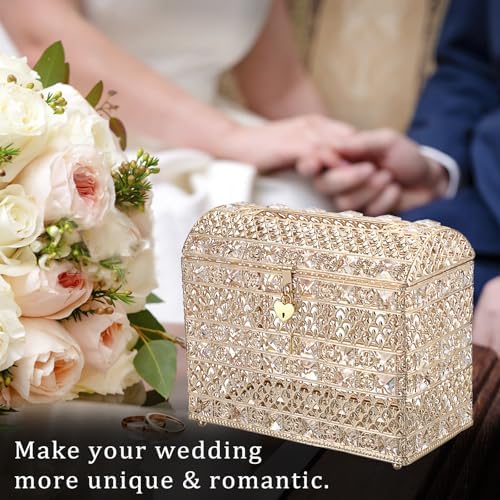 ELLDOO Crystal Wedding Card Box with Heart Lock, Vintage Money Card Box Treasure Chest Style Gold Gift for Wedding Receptions, Centerpiece Decor, Anniversary Keepsake, Gift, Large Size - Image 4