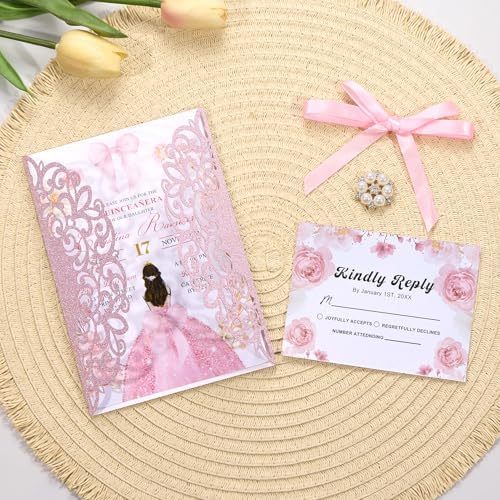 25 PCS Pink Personalized Glitter Laser Cut Wedding Invitation Pockets - Image 2