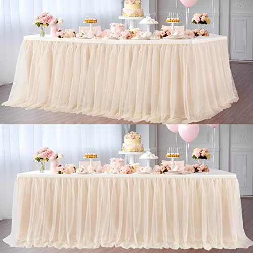 Suppromo 2 Pack 6ft Champagne Tulle Table Skirts for Birthday Party Wedding Reception Champagne Tutu Table Cloths for Parties Baby Shower Dessert Cake Table Decor by Suppromo