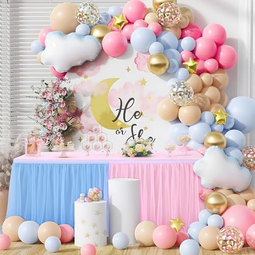 108in Blue Pink Tulle Table Skirts for Rectangle Tables 6/8/4ft, 2-Layer Gold Grim Ruffle Gender Reveal Tulle Tutu Cloth Table Skirt 9ft for Birthday Party Baby Shower Cake Dessert(No Table Cover) - Image 5