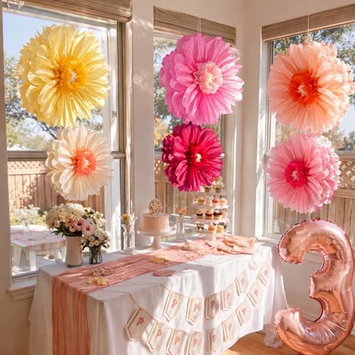 Giegxin 6 Pcs 31.5", 24" Large Pink White Yellow Crepe Paper Flowers - Image 4