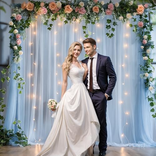 10x10ft Baby Blue Tulle Backdrop Curtain with Lights String for Parites, Sheer Photo Backdrop Curtain Drapes for Wedding Baby Shower Bridal Shower Birthday Party Photo Shoot Decorations - Image 4