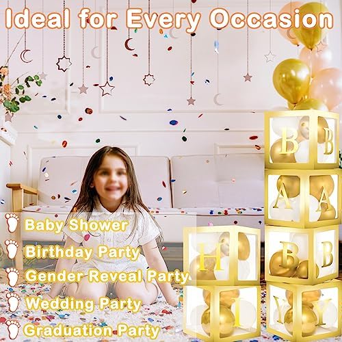 Baby Boxes with Letters, 6 Transparent Balloon Boxes with 78 Letters & Numbers, Clear Name Boxes for Baby Shower Birthday Bridal Wedding Gender Reveal Party Decorations Backdrop, Gold - Image 6