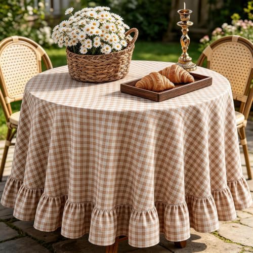 Khaki Plaid Ruffled Tablecloth 70" Round Farmhouse Checkered Gingham Table Cloth for Seat 4-6 Vintage Buffalo Plaid Decorative Table Cover for Picnic Dining Outdoor Kitchen - Image 7