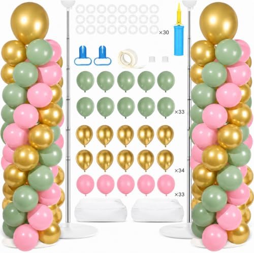 2 Sets Adjustable Balloon Column Stand Kit with Bases（Sage Green Pink Gold） by Naozinebi