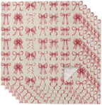 Pink Ribbon Bow Cloth Napkins Set of 6, Fantasy Sweet Bows Abstract Vintage Beige Washable Reusable Dinner Cocktail Napkin for Kitchen Party Wedding Banquet Holiday Baby Shower Table Decor by PIEPLE