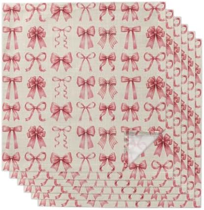 Pink Ribbon Bow Cloth Napkins Set of 6, Fantasy Sweet Bows Abstract Vintage Beige Washable Reusable Dinner Cocktail Napkin for Kitchen Party Wedding Banquet Holiday Baby Shower Table Decor by PIEPLE