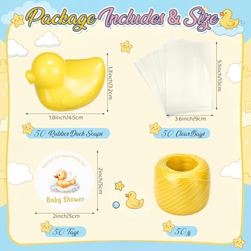 Leelosp Duck Soap Party Favors Gift with Transparent Bags and Thanks Tag for Baby Shower Guest Reveal Baptism Shower Wedding Birthday Summer Party Favor Decorations Supplies(50 Sets,Yellow) - Image 3