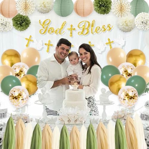 Sage Green and Gold Baptism Party Decorations - First Communion Decorations Boys Girls Christening Decor God Bless Banner Garland Tissue Paper Pom Poms and Balloons for Mi Bautizo Party Supplies - Image 6