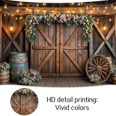 12x10ft Country Wedding Photography Backdrop Rustic Barn Door Photography Backdrop Farmhouse Pink Flower Cabin Wooden Birthday Baby Shower Wedding Bridal Party Banner Photo Booth Props Background - Image 6