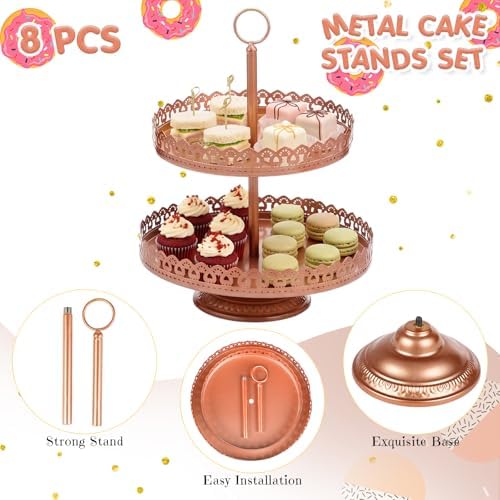 Lallisa 8 Pcs Cake Stands Set Metal Dessert Table Display Tiered Cupcake Holder Candy Donut Fruit Plate Cake Serving Tray with Handle Treats Serving Tower for Wedding Birthday Party(Rose Gold) - Image 6