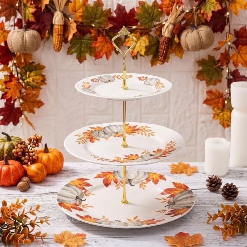 Lallisa Fall Pumpkin 3 Tier Dessert Stand 10", 9" and 7" Ceramic Orange Maple Leaves Tea Party Tray Cake Stand Display Holder Tower for Thanksgiving Birthday Decorations Harvest Baby Shower Supplies by Lallisa