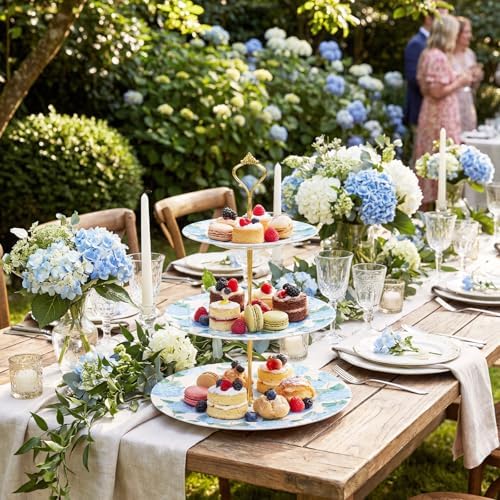 Lallisa 3 Tier Blue Hydrangea Cake Stand 10", 9" and 7" Ceramic Serving Tray Dessert Cupcake Display Holder Tower for Wedding Baby Bridal Shower Tea Party Decoration - Image 5