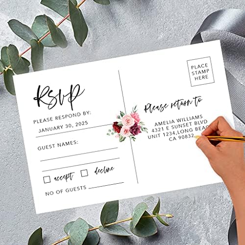 Andaz Press 56-Pack Personalized RSVP Postcards for Wedding Pink and Burgundy Floral Cardstock Response Reply Cards for Bridal Shower Baby Shower Birthday Event Custom Date Return Address 4 x 6-Inch - Image 2