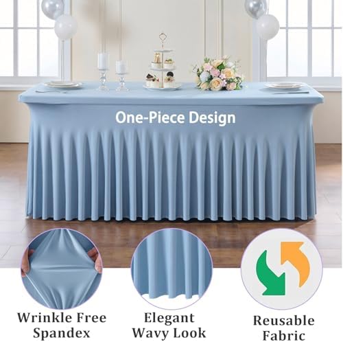 4 Pack Dusty Blue Spandex Tablecloths for 6 Foot Rectangle Tables, Wrinkle Free Stretchy Table Cloths 6ft Fitted Table Cover DeskSkirt for Weddings Birthday Party Banquet Baby Shower - Image 3