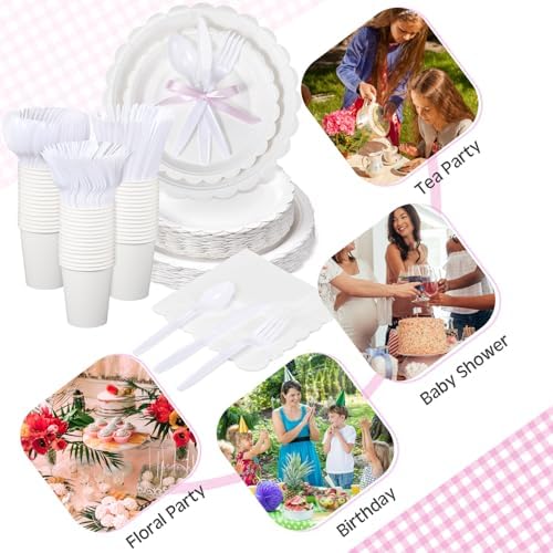 Ziliny 350 Pcs White Plates and Napkins, 50 Guest White Party Supplies Include Scalloped Paper Plates Napkins Cups Plastic Spoons Forks Knives Disposable Tableware Set for Weeding Bridal Baby Shower - Image 3