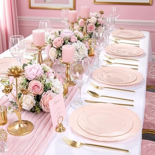 Tinybee 60PCS Pink Plastic Plates - Heavy Duty Pink Disposable Plates - Image 5