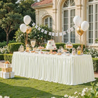 Wish Care 21ft Ivory Satin Long Table Skirt for Rectangle Tables Wrinkle Free Teacher Desk Skirt Glitter Ruffle Table Skirting Cloth for Back to School Classroom Office Birthday Party Table Decor - Image 2