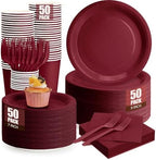 250Pcs Burgundy Paper Plates and Napkins Supplies, Include 9’’Paper Party Plate, 7’’Dessert Plates Cups Napkins Forks Sets for Birthday, Anniversaries, Wedding, Picnics, Serves 50 by CENLBJ
