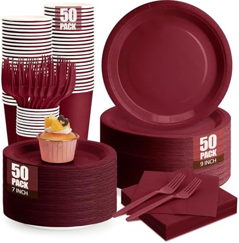250Pcs Burgundy Paper Plates and Napkins Supplies, Include 9’’Paper Party Plate, 7’’Dessert Plates Cups Napkins Forks Sets for Birthday, Anniversaries, Wedding, Picnics, Serves 50 by CENLBJ