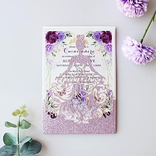 5.12 x7.28 inch 50PCS Personalized Purple Glitter Quinceanera Invitations Kit Laser Cut Hollow Girl Princess Quinceañera Invitations with Envelopes for Quinceanera Bridal Shower Invite - Image 2