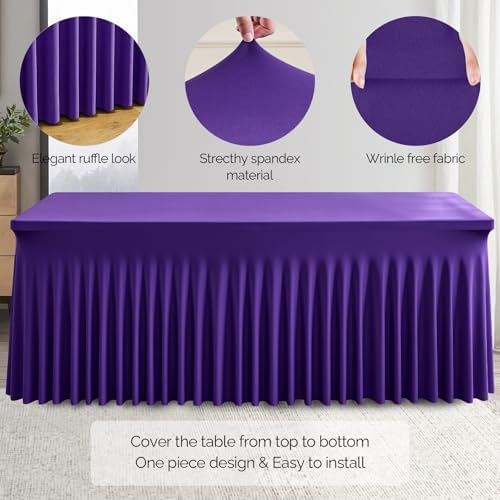 Wish Care 2 Pack Dark Purple Spandex Table Clothes for 8 Foot Rectangle Tables, 8FT Wrinkle Free Fitted Tablecloths Ruffles Design Table Cover for Party, Banquet, Wedding and Events - Image 2