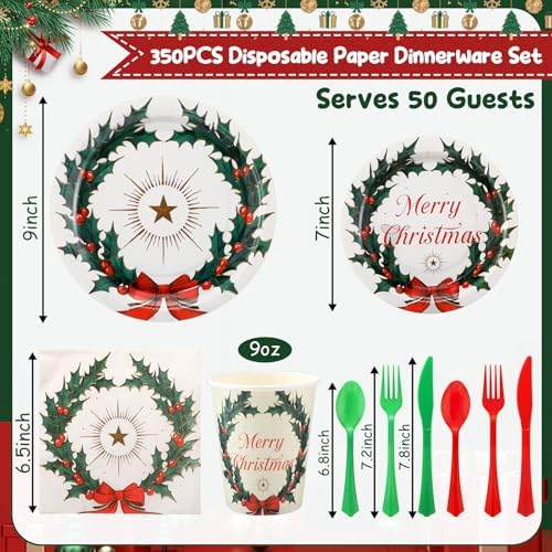 FillTouch 350 Pcs Merry Christmas Paper Plates Napkins Set for 50 Guests - Image 2