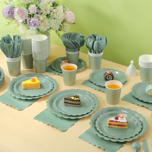 Ziliny 250 Pcs Sage Green Plates and Napkins, 50 Guest Spring Easter Party Supplies Include 9" 7" Scalloped Paper Plates Napkins Cups Disposable Tableware Set for Birthday Party Baby Shower - Image 5