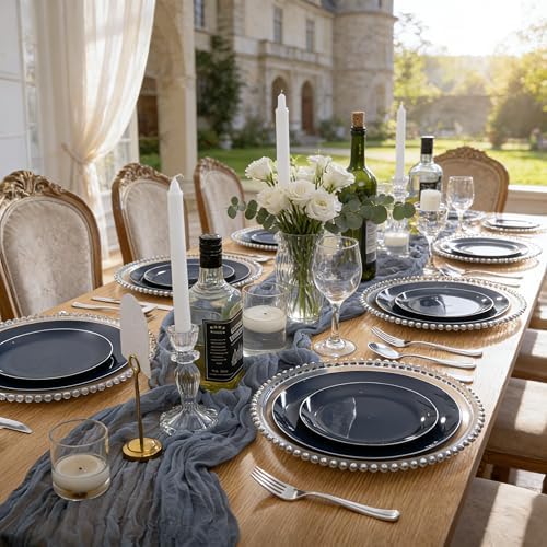 KIRE 200PCS Blue Plastic Plates with Silver Rim - Navy Blue Plastic Plates Include 100 Dinner & Dessert Plate - Heavy Duty Dark Blue Disposable Plate for Wedding/Parties - Image 6