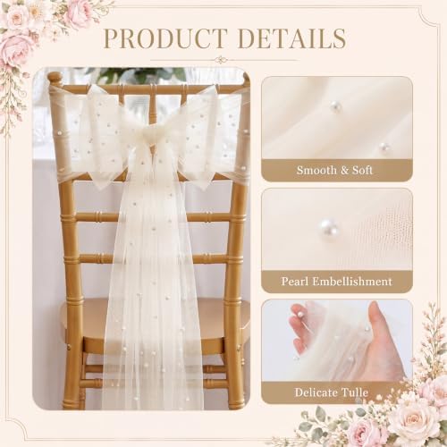 VitalCozy 50 Pack Ivory White Pearls Chair Sashes with Bows Wedding Decor - Image 3