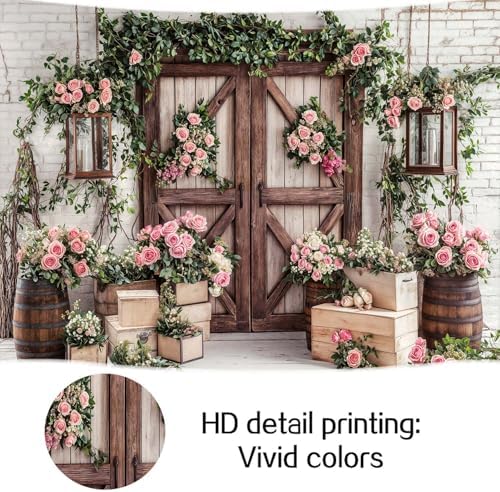 12x10ft Country Wedding Photography Backdrop Floral Rustic Roses Farmhouse Wooden Door Backdrop Pink Flower Birthday Baby Shower Wedding Bridal Party Banner Photo Booth Props Anniversary Background - Image 7