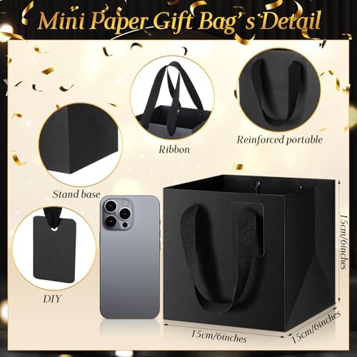 Windyun 100 Pcs Mini Paper Gift Bags with Handle 6 x 6 x 6'' Square Small Favor Bag with DIY Thank You Tag for Christmas Birthday Wedding Bridal Shower Bridesmaid Graduation Party (Black) - Image 2