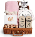 Baby Shower Gifts, Baby Girl Gifts Basket, Unique Baby Gift Essential Stuff Set - Baby Lovey Blanket New Born Bibs Socks Wooden Rattle & Greeting Card, Newborn Baby Gift Set (Fox, Pink) by iAOVUEBY