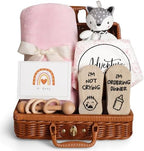 Baby Shower Gifts, Baby Girl Gifts Basket, Unique Baby Gift Essential Stuff Set - Baby Lovey Blanket New Born Bibs Socks Wooden Rattle & Greeting Card, Newborn Baby Gift Set (Fox, Pink) by iAOVUEBY
