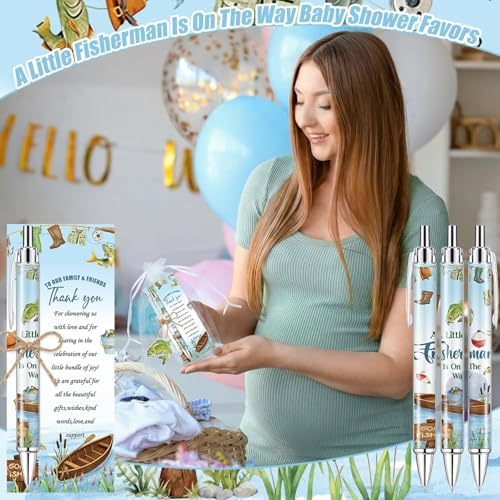 145 Pieces Fishing Baby Shower Favors for Guest A Little Fisherman Is On The Way Ballpoint Pens and Keychains Gifts Bulk Retractable Baby Shower Pens Gender Reveal Greeting Cards Souvenirs Prizes - Image 5