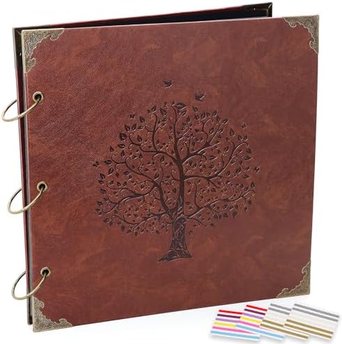 Photo Album Scrapbook, 12x12 inch 50 Pages Vintage Leather Cover Big Three-Ring Binder Family Picture Booth DIY Scrapbooking Albums with 408pcs Self Adhesive Photos Corner for Memory Keep, Tree by ADVcer