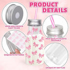 FYSUIMU 24 Pcs Pink Bow Plastic Milk Bottles with Lids Straws and Bowknot Stickers Reusable Drink Containers Beverage Juice Shot Jars for Valentine's Day Birthday Baby Shower Party Favor - Image 3