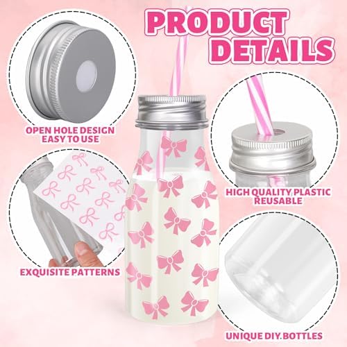 FYSUIMU 24 Pcs Pink Bow Plastic Milk Bottles with Lids Straws and Bowknot Stickers Reusable Drink Containers Beverage Juice Shot Jars for Valentine's Day Birthday Baby Shower Party Favor - Image 3